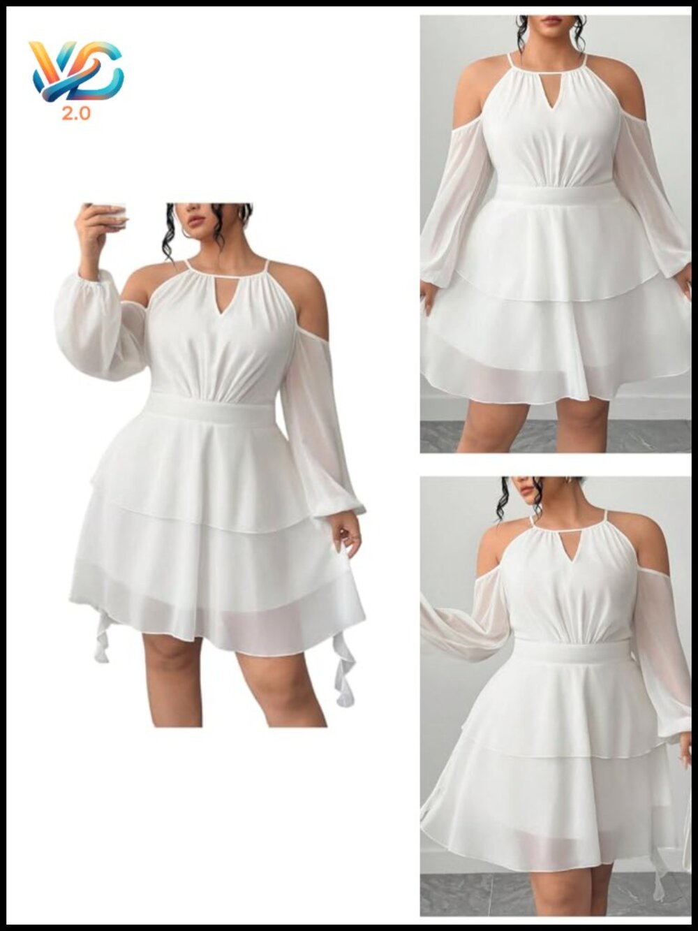 Plus Size Cold Shoulder Ruffle Dress Mesh Long Lantern Sleeve Short Dress